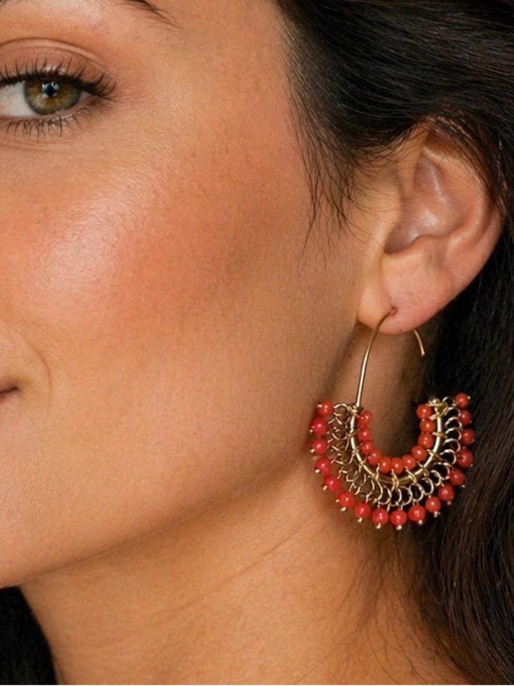 Gold Hoop Earrings with Coral Beads - Women Jewelry